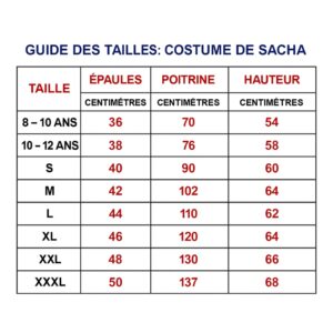 Guide des tailles Déguisement Sacha Pokémon