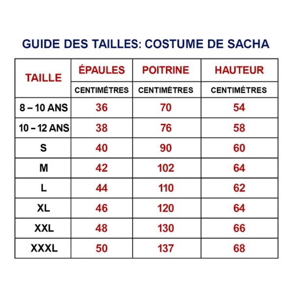 Guide des tailles Déguisement Sacha Pokémon